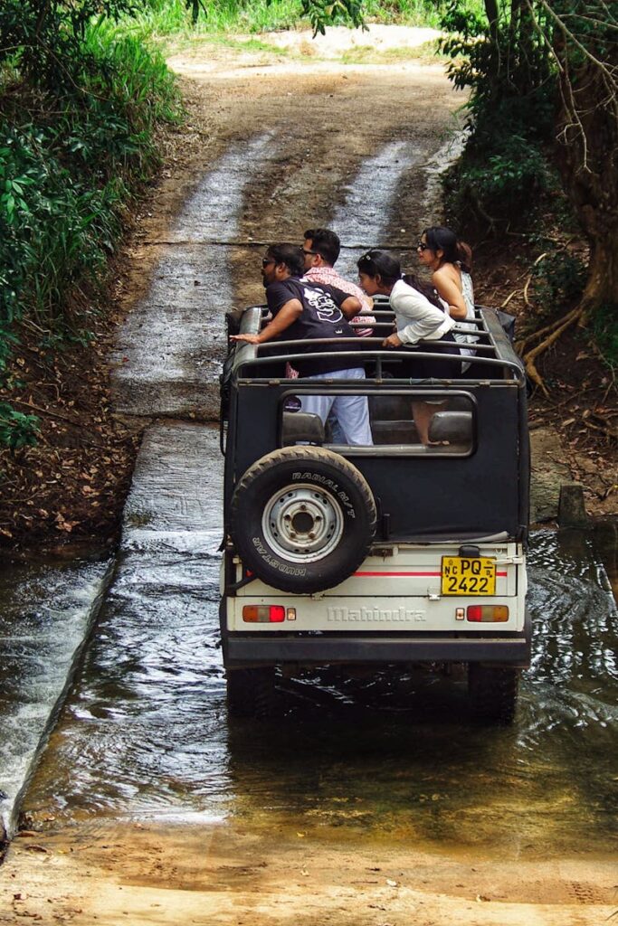 Sri Lanka Group of tourists in an open-top jeep crossing a stream in a forested area, perfect for travel and adventure themes.